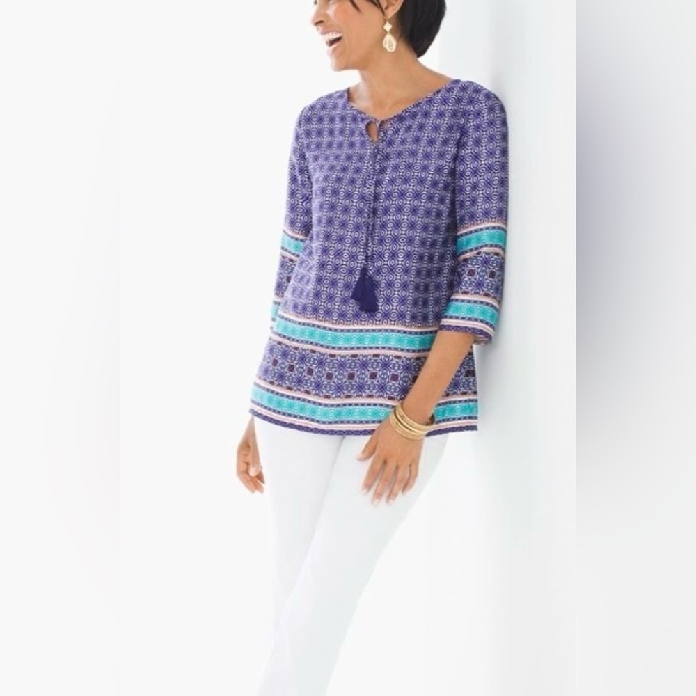 Chico’s Tile Whimsy 3/4 Sleeve Tassel Popover Tunic Majestic Blue Size M Coastal